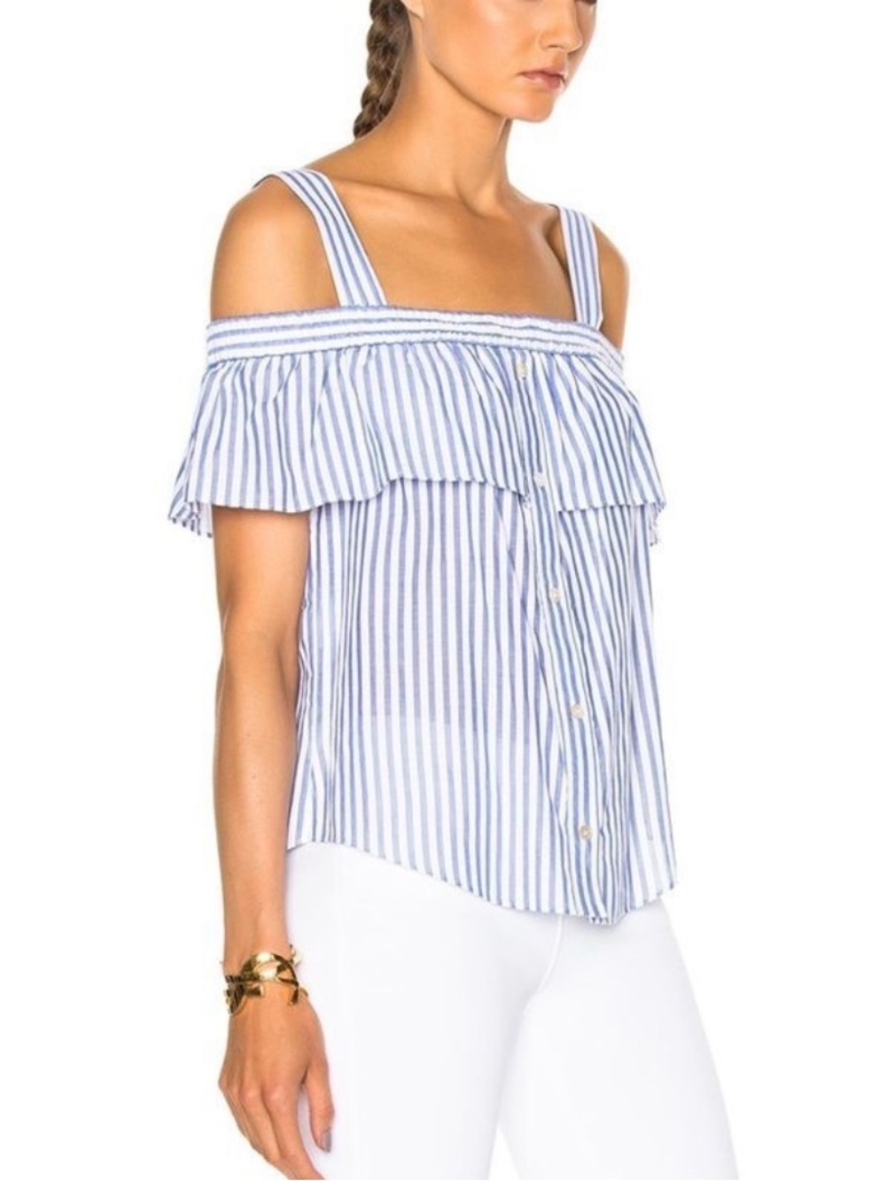 VERONICA BEARD Lacey Cold Shoulder Top in Blue and White Stripe 2